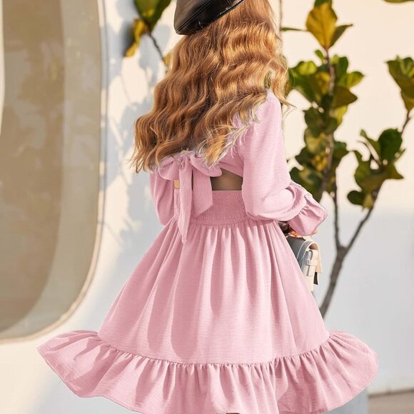 Girls Long Sleeve Tie Back Off Shoulder Dress - Pink, 11-12 Years - Picture 4 of 6